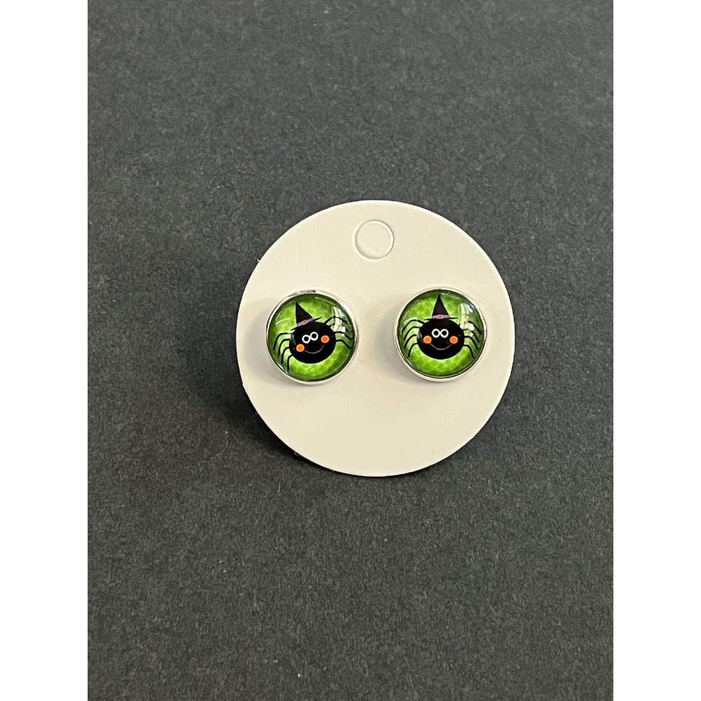 Cute Halloween‎ Spider Witch Hat Stud Earrings Green Enamel Fun Festive